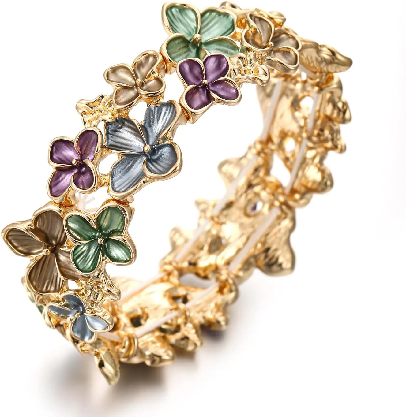 LUREME Gold Sakura Floral Bracelet for Women - Colorful Enamel Flower Stretch Bangle, Adjustable Elastic Cuff (bl003608)