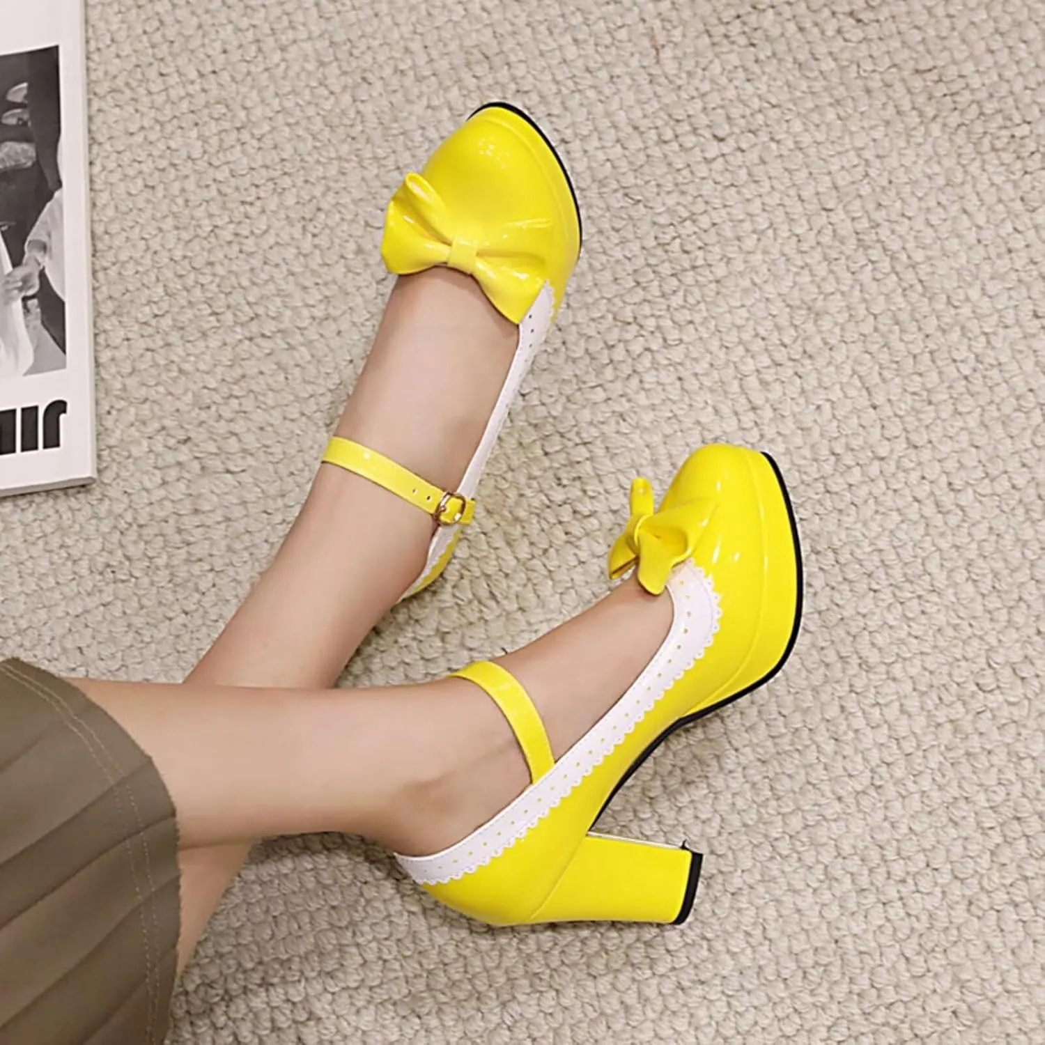Mary Jane Heels for Women Bow Lolita Platform High Heels Kawaii Shoes Dress Round Toe Pumps