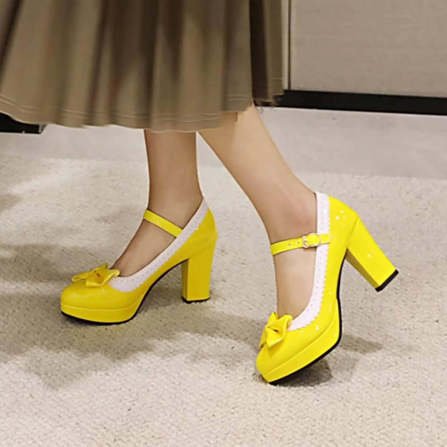 Mary Jane Heels for Women Bow Lolita Platform High Heels Kawaii Shoes Dress Round Toe Pumps