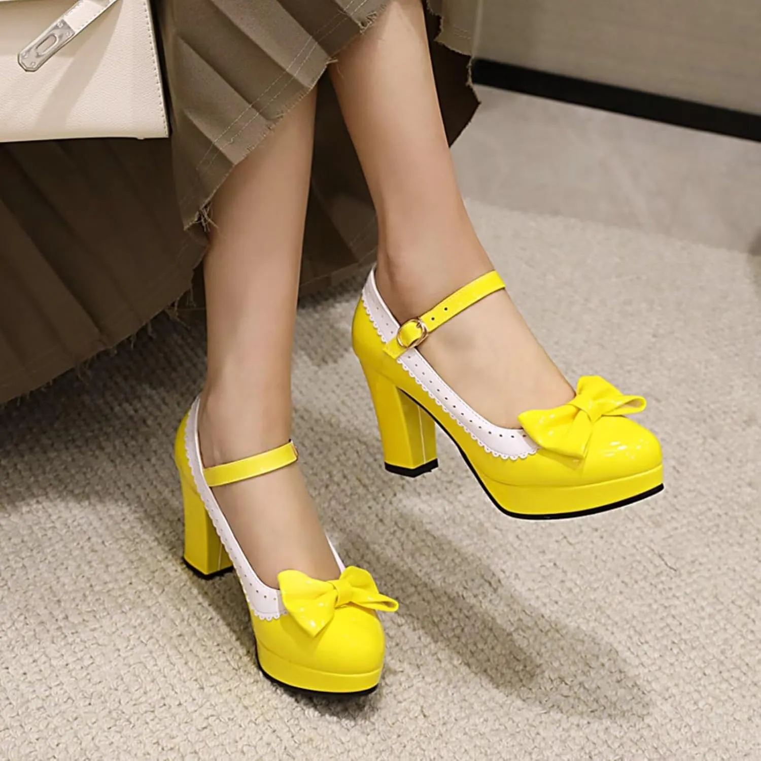 Mary Jane Heels for Women Bow Lolita Platform High Heels Kawaii Shoes Dress Round Toe Pumps