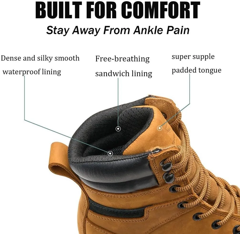 Men 8" Waterproof Soft Toe Work Boots,EH Construction Industrial Leather Lace Up Moc Toe Safety Work Boot, Oil/Slip Resistant Comfortable Wedge Outsole,Goodyear Welt,zapatos de trabajo para hombre