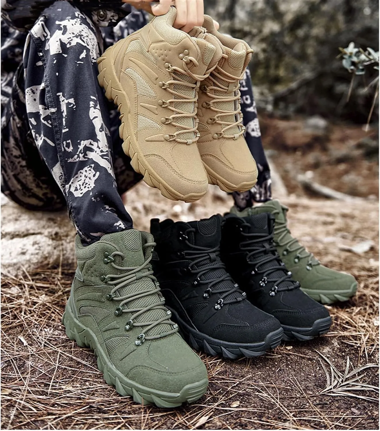 Men Lightweight and Casual Tactical Boots, Men High Top Side Lace Up Zipper Desert Tactical Boots, Non Slip Waterproof Military Hiking Boots, for Work, Security, Motorcycle