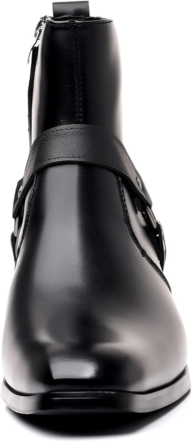 Men's Fashionable Ankle Shoes Low Zipper Thick Heel Boots Wooden Heel Pointed Toe Solid Color Leather Slip Boots Men
