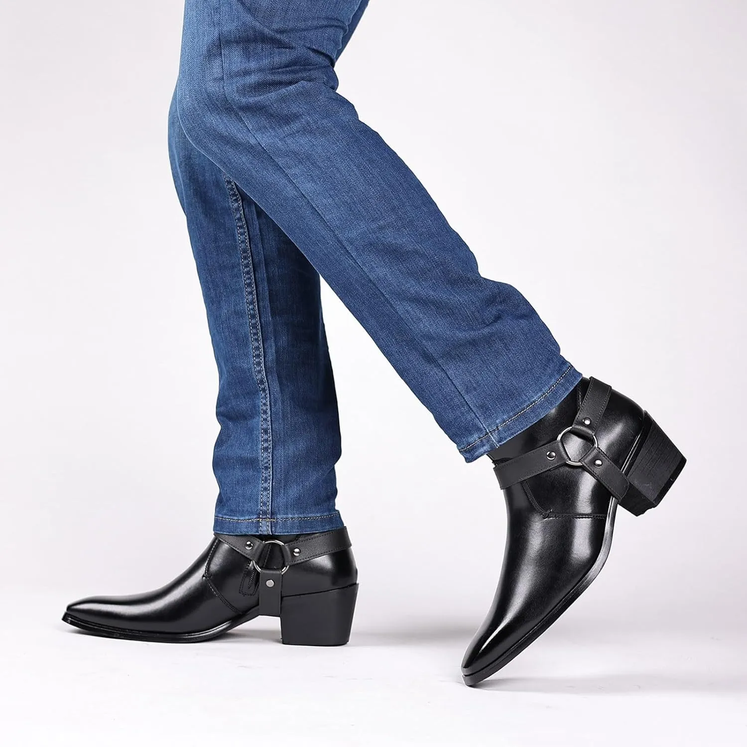 Men's Fashionable Ankle Shoes Low Zipper Thick Heel Boots Wooden Heel Pointed Toe Solid Color Leather Slip Boots Men