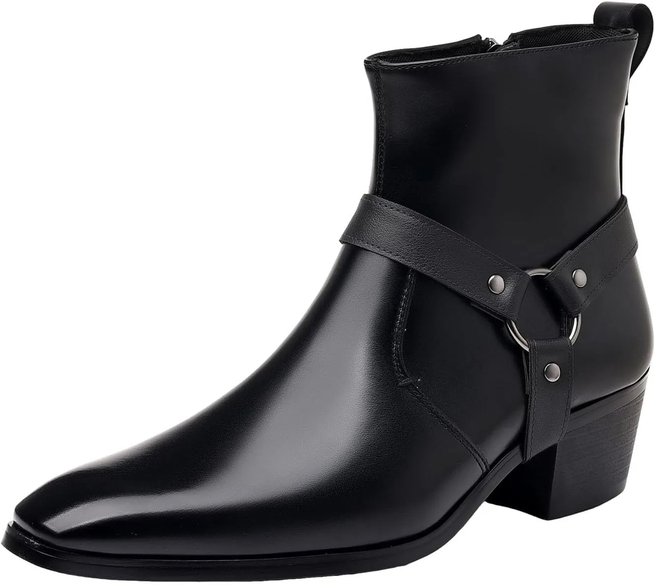 Men's Fashionable Ankle Shoes Low Zipper Thick Heel Boots Wooden Heel Pointed Toe Solid Color Leather Slip Boots Men