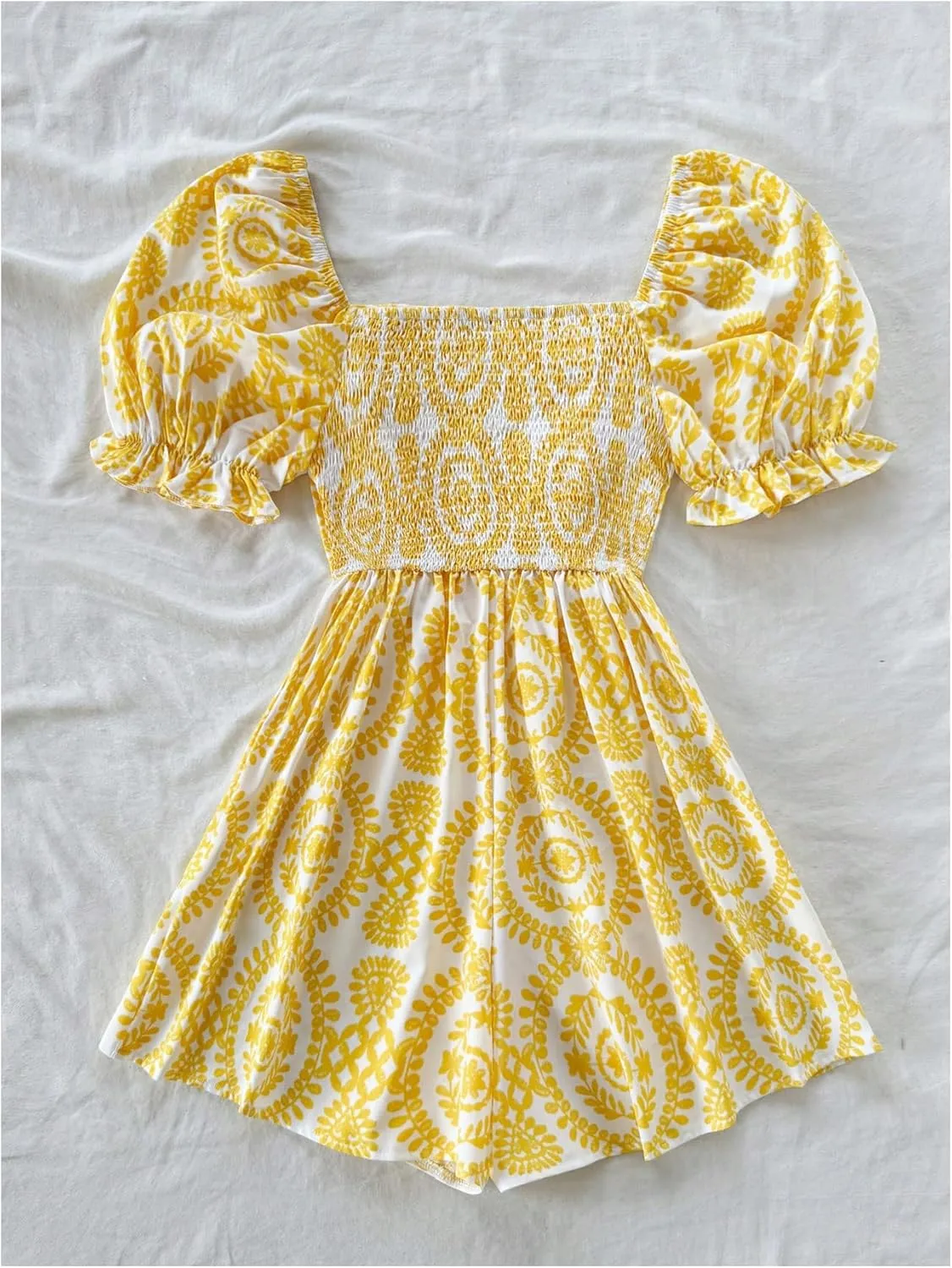 Milumia Women's Boho Floral Print Square Neck Puff Short Sleeve Rompers Jumpsuit