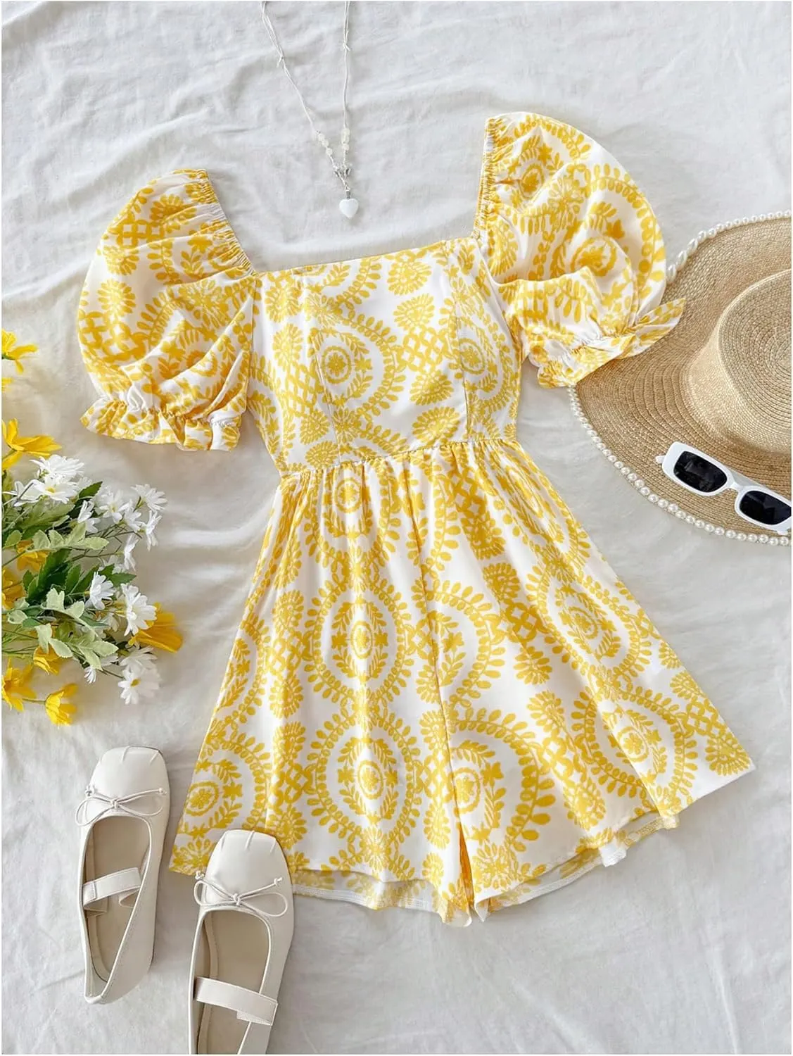 Milumia Women's Boho Floral Print Square Neck Puff Short Sleeve Rompers Jumpsuit
