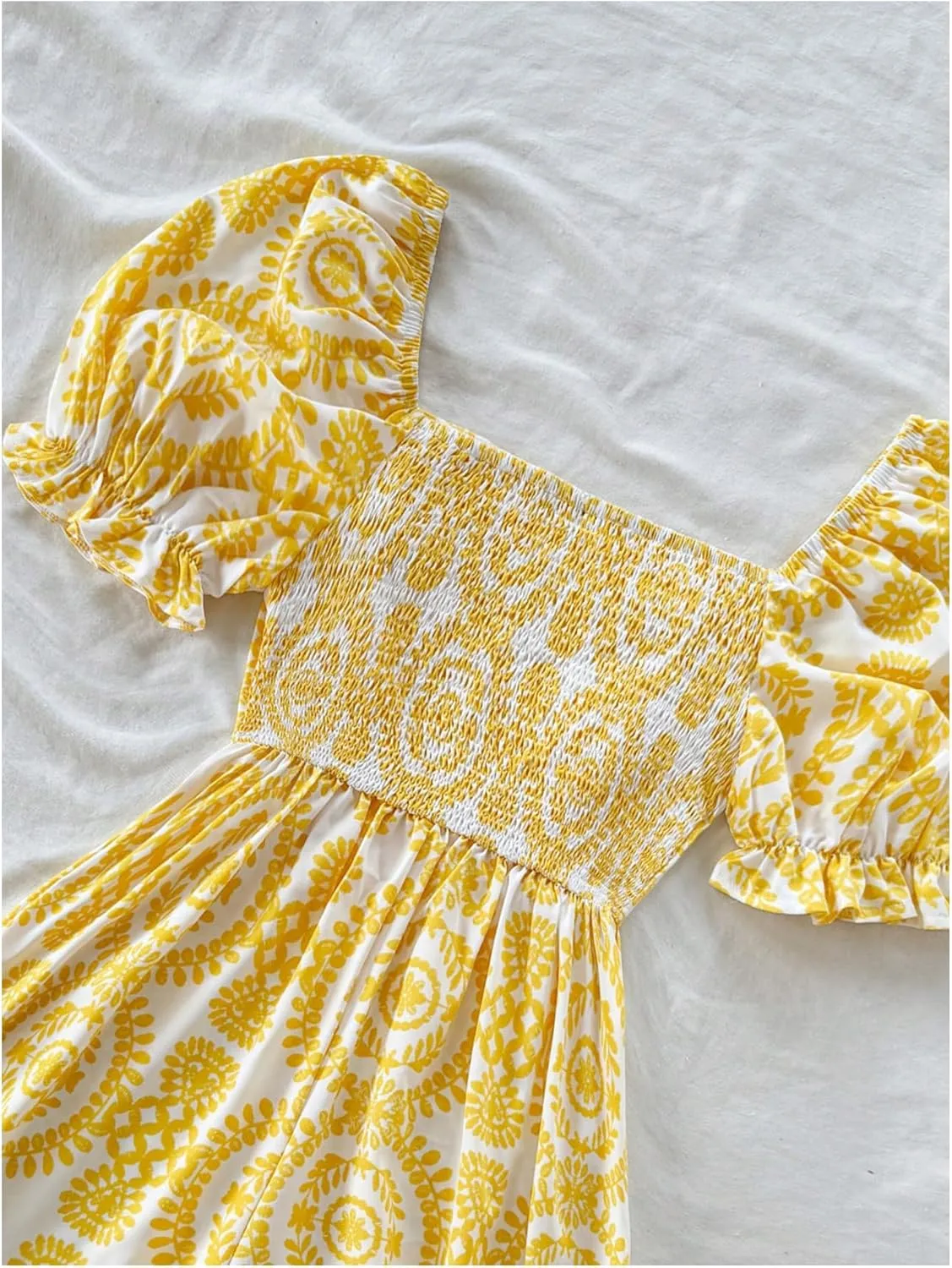 Milumia Women's Boho Floral Print Square Neck Puff Short Sleeve Rompers Jumpsuit