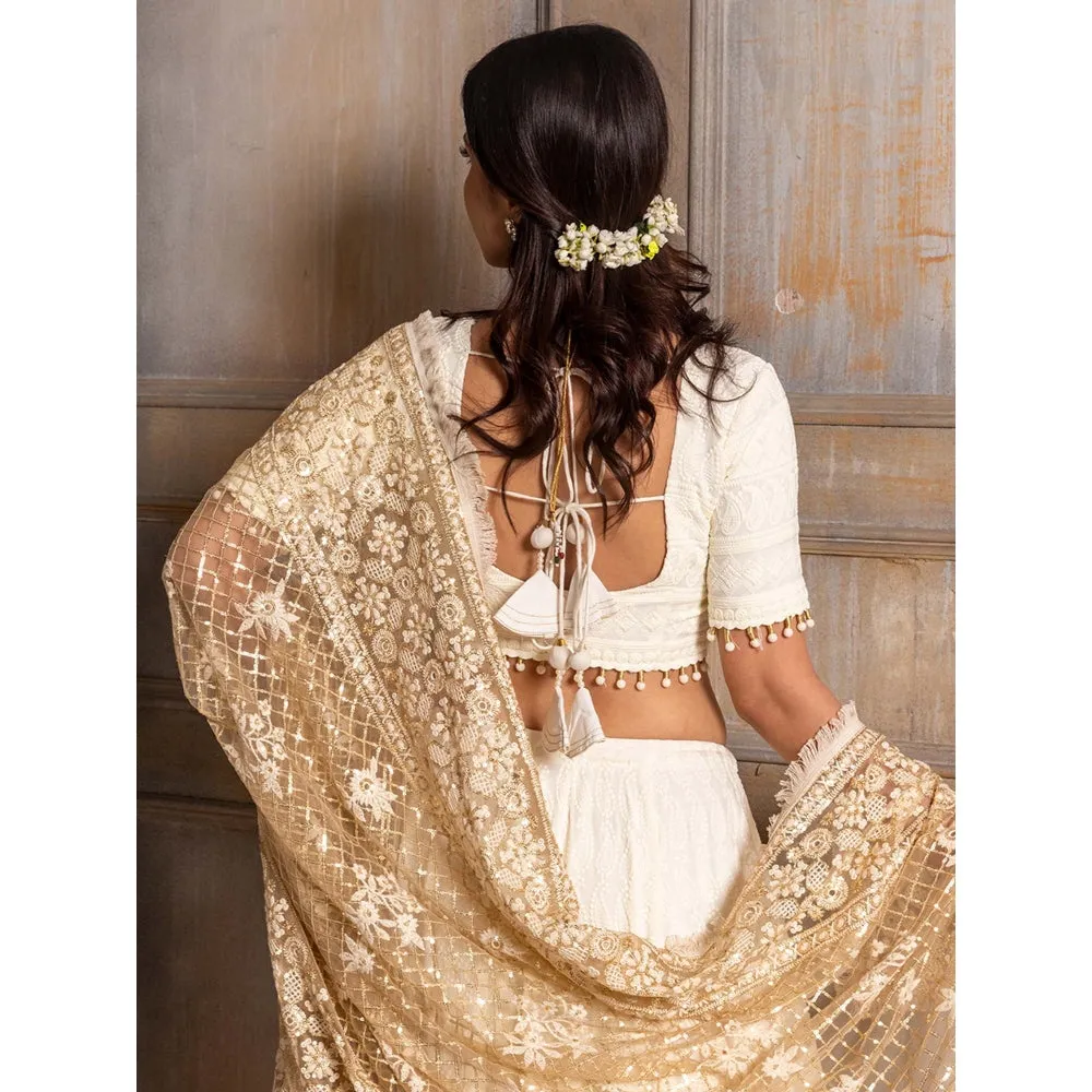 MONK & MEI Mallika-Embroidered Cream Lehenga Choli Dupatta (Set of 3)
