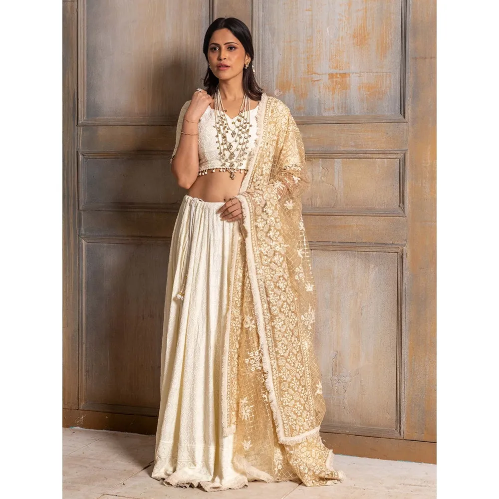 MONK & MEI Mallika-Embroidered Cream Lehenga Choli Dupatta (Set of 3)