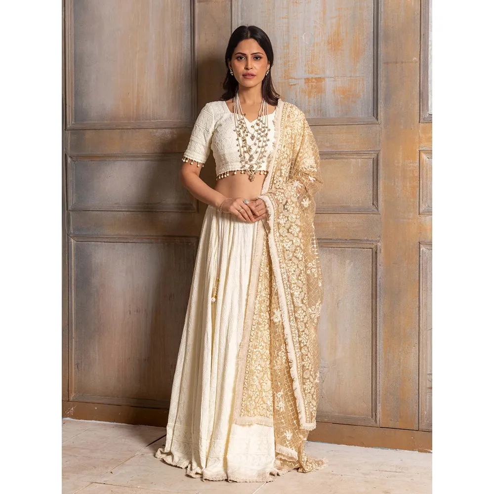 MONK & MEI Mallika-Embroidered Cream Lehenga Choli Dupatta (Set of 3)