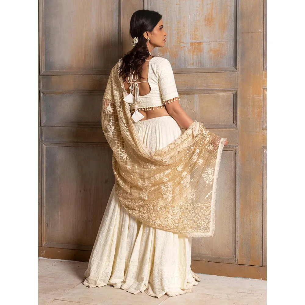 MONK & MEI Mallika-Embroidered Cream Lehenga Choli Dupatta (Set of 3)