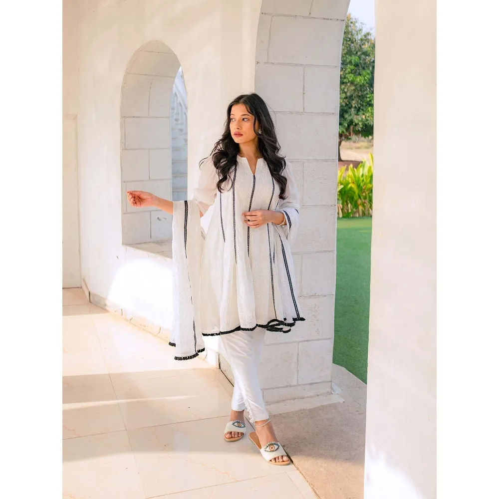 MONK & MEI Mumtaz Chikankari Anarkali Kurta-Pants & Dupatta- White (Set of 3)