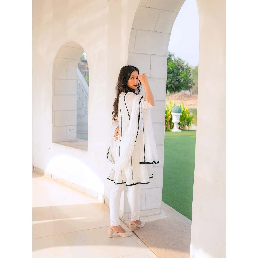 MONK & MEI Mumtaz Chikankari Anarkali Kurta-Pants & Dupatta- White (Set of 3)