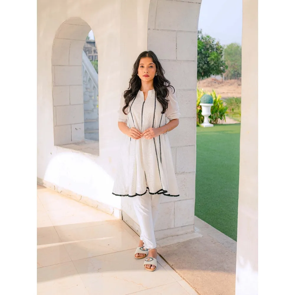 MONK & MEI Mumtaz Chikankari Anarkali Kurta-Pants & Dupatta- White (Set of 3)