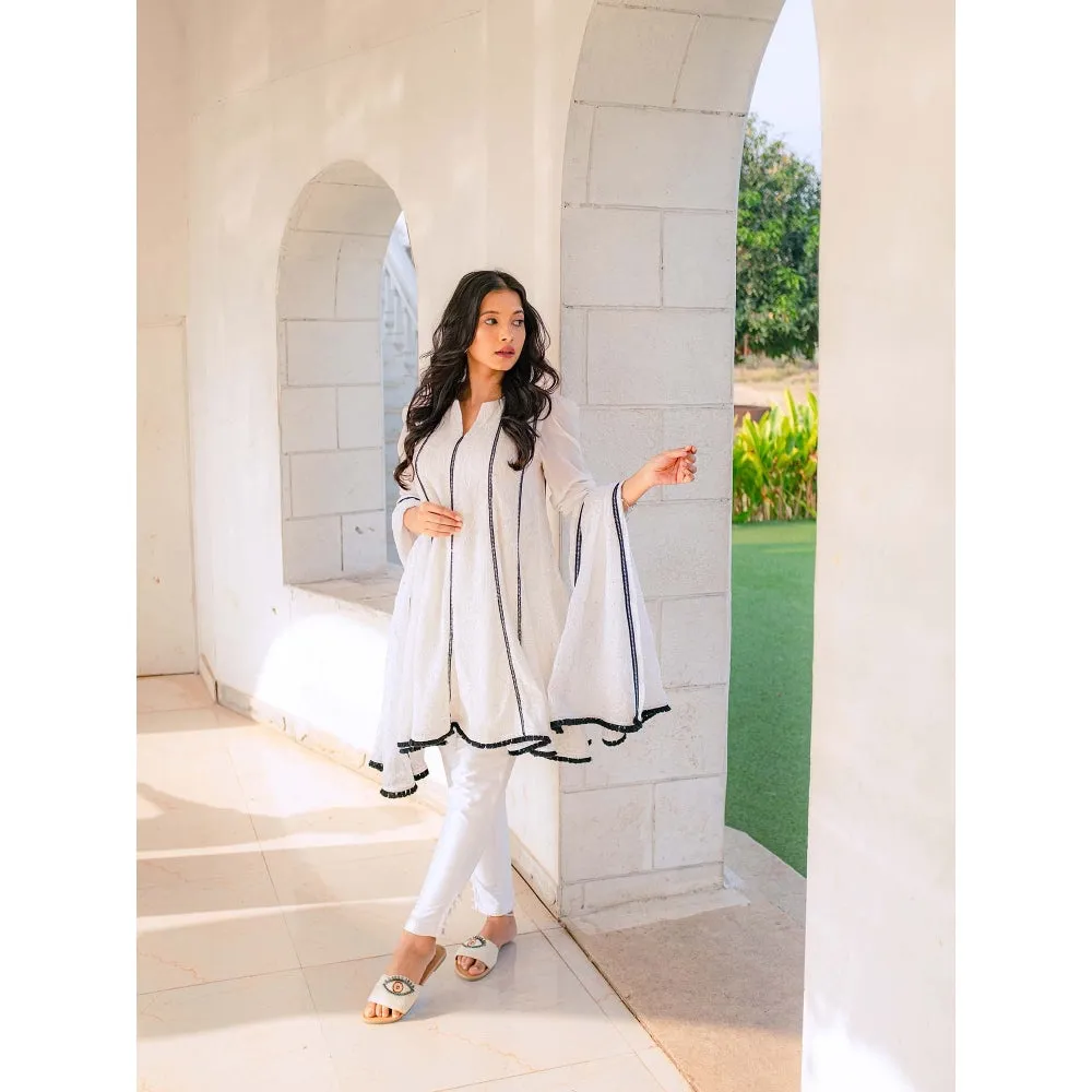 MONK & MEI Mumtaz Chikankari Anarkali Kurta-Pants & Dupatta- White (Set of 3)