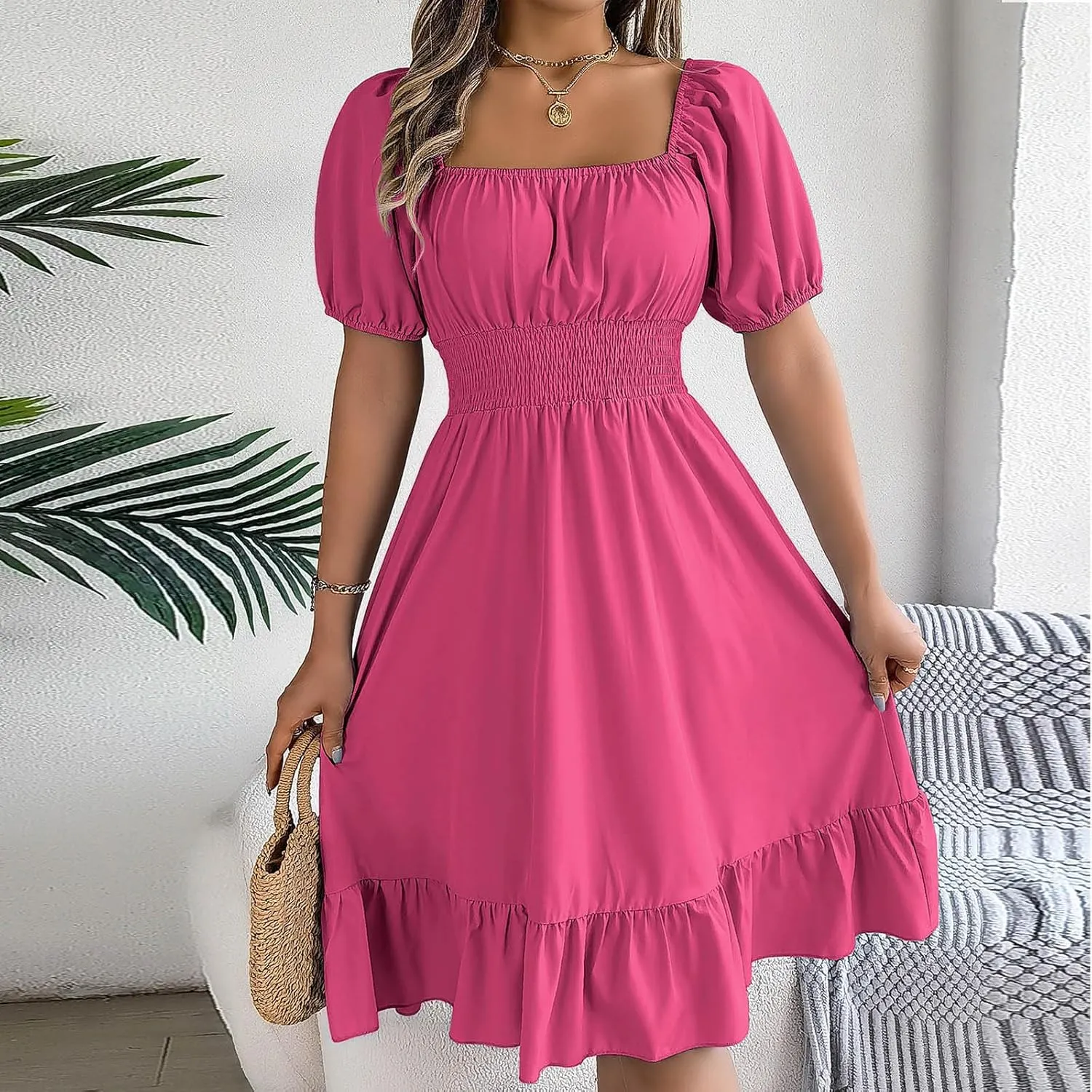 NaRHbrg Women's Summer Puff Sleeve Dress Casual Smocked A-Line Midi Dresses Square Neck Flowy Sundress with Ruffle Hem