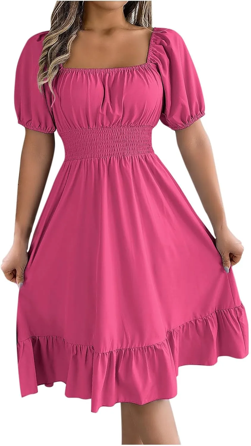 NaRHbrg Women's Summer Puff Sleeve Dress Casual Smocked A-Line Midi Dresses Square Neck Flowy Sundress with Ruffle Hem