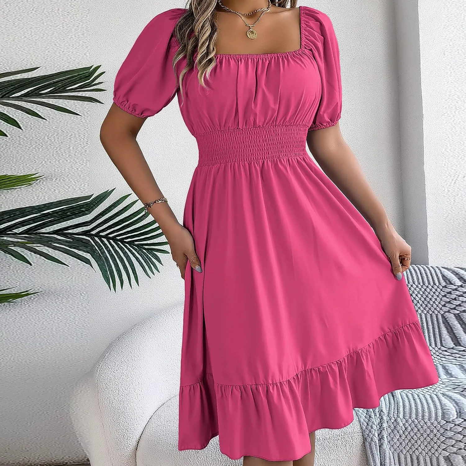 NaRHbrg Women's Summer Puff Sleeve Dress Casual Smocked A-Line Midi Dresses Square Neck Flowy Sundress with Ruffle Hem