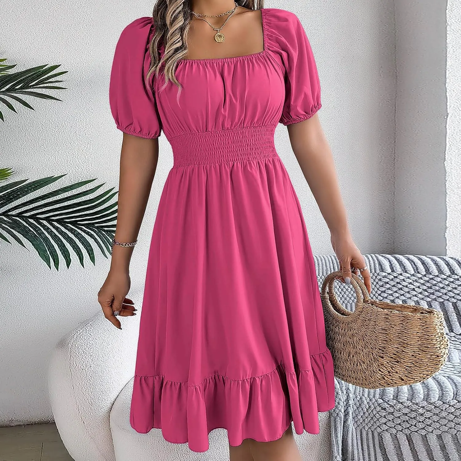 NaRHbrg Women's Summer Puff Sleeve Dress Casual Smocked A-Line Midi Dresses Square Neck Flowy Sundress with Ruffle Hem