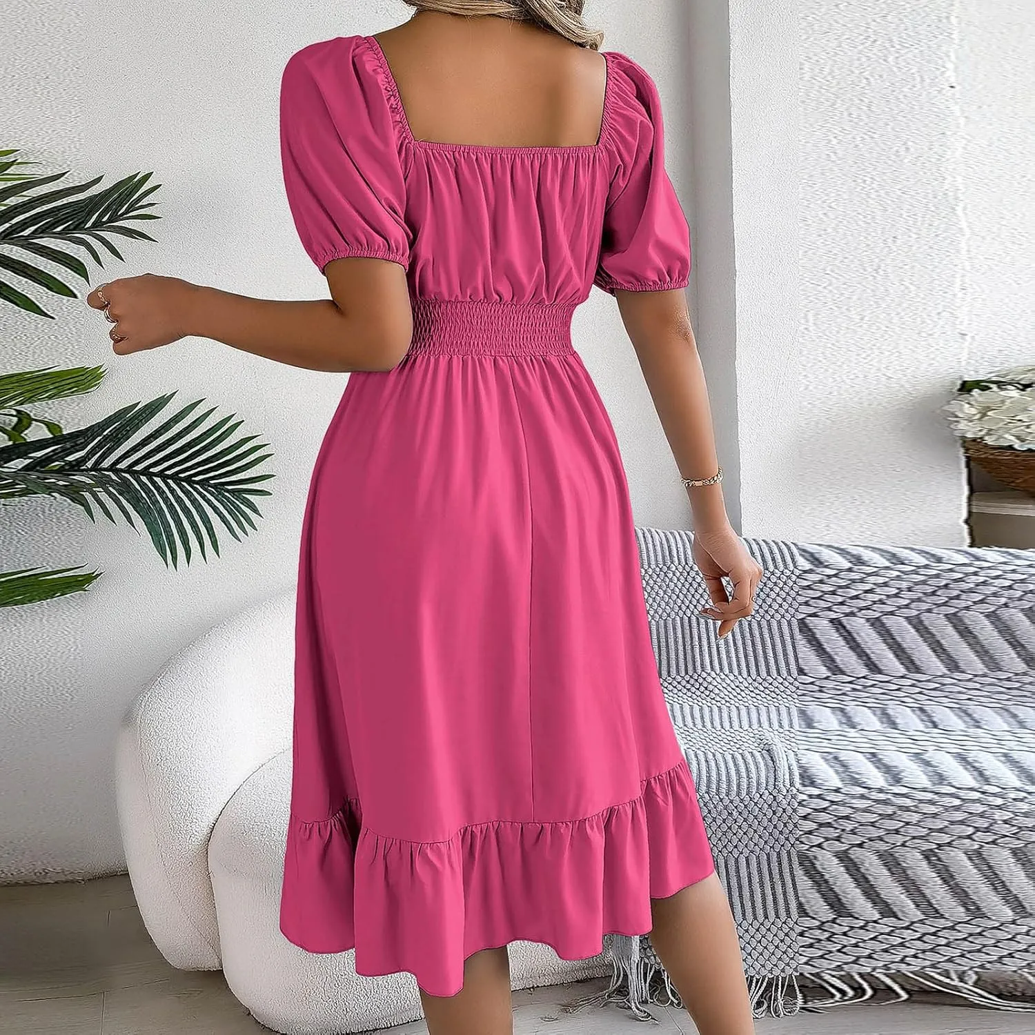 NaRHbrg Women's Summer Puff Sleeve Dress Casual Smocked A-Line Midi Dresses Square Neck Flowy Sundress with Ruffle Hem