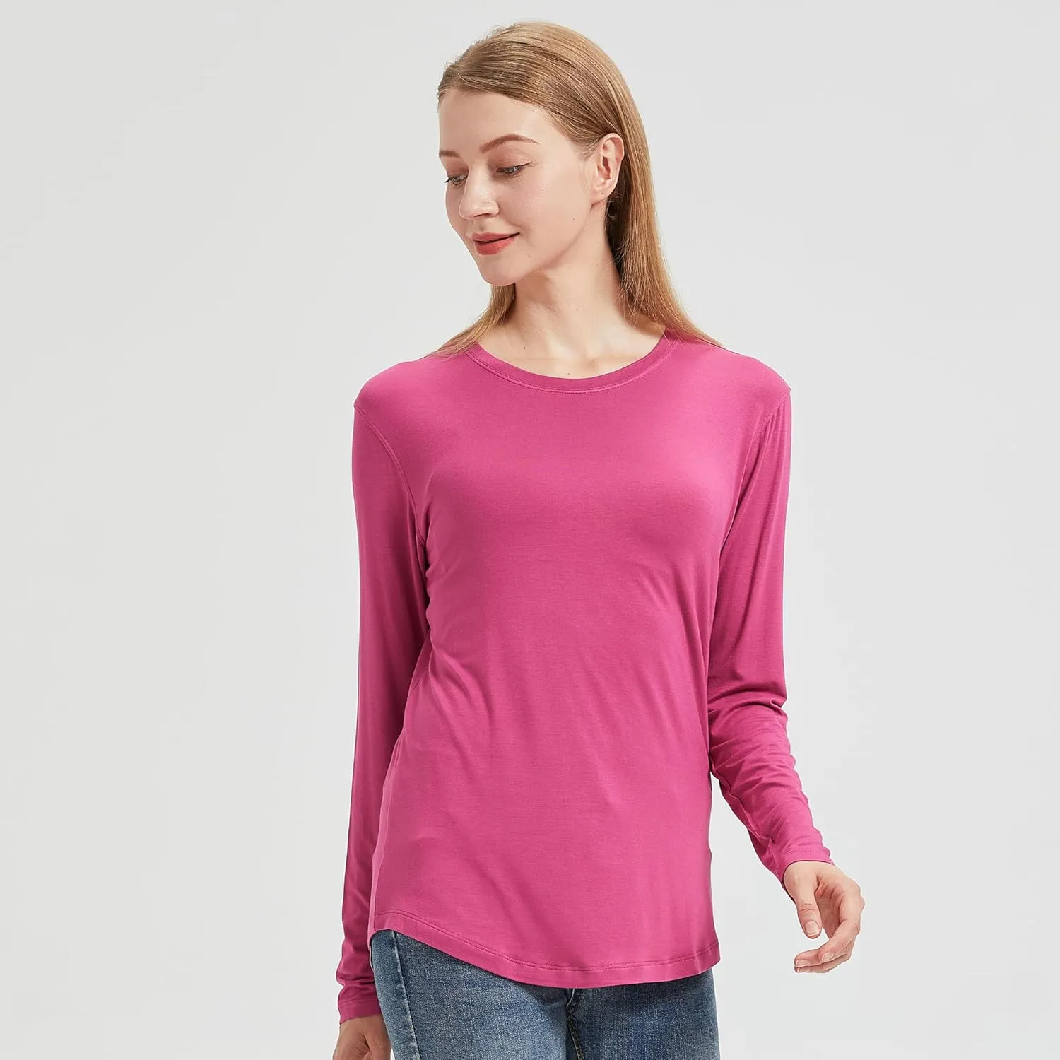 netdraw Women's Lightweight Bamboo Viscose T-Shirt Buttery Soft Curved Hem Long Sleeve Sleep Lounge Pajama Tops