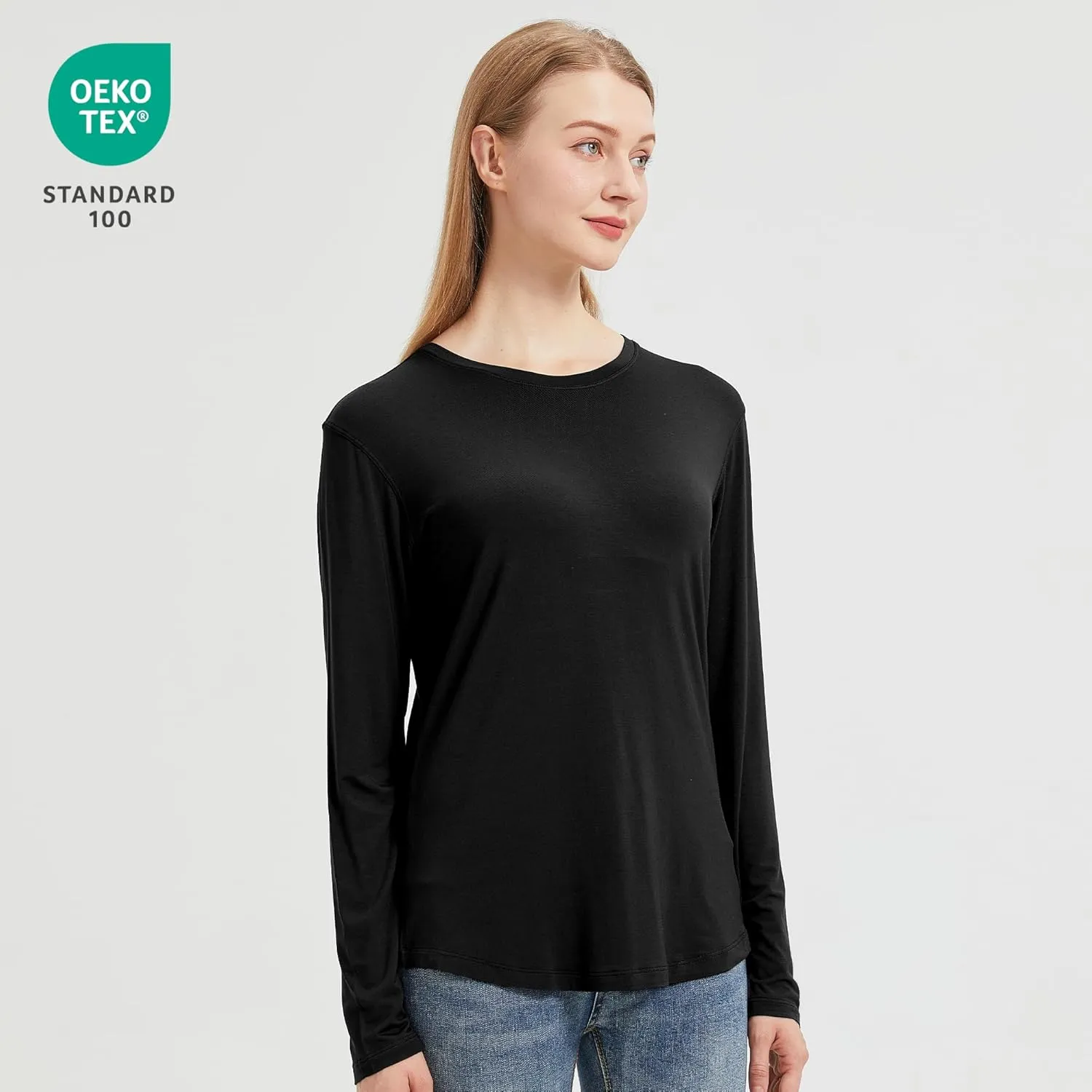 netdraw Women's Lightweight Bamboo Viscose T-Shirt Buttery Soft Curved Hem Long Sleeve Sleep Lounge Pajama Tops