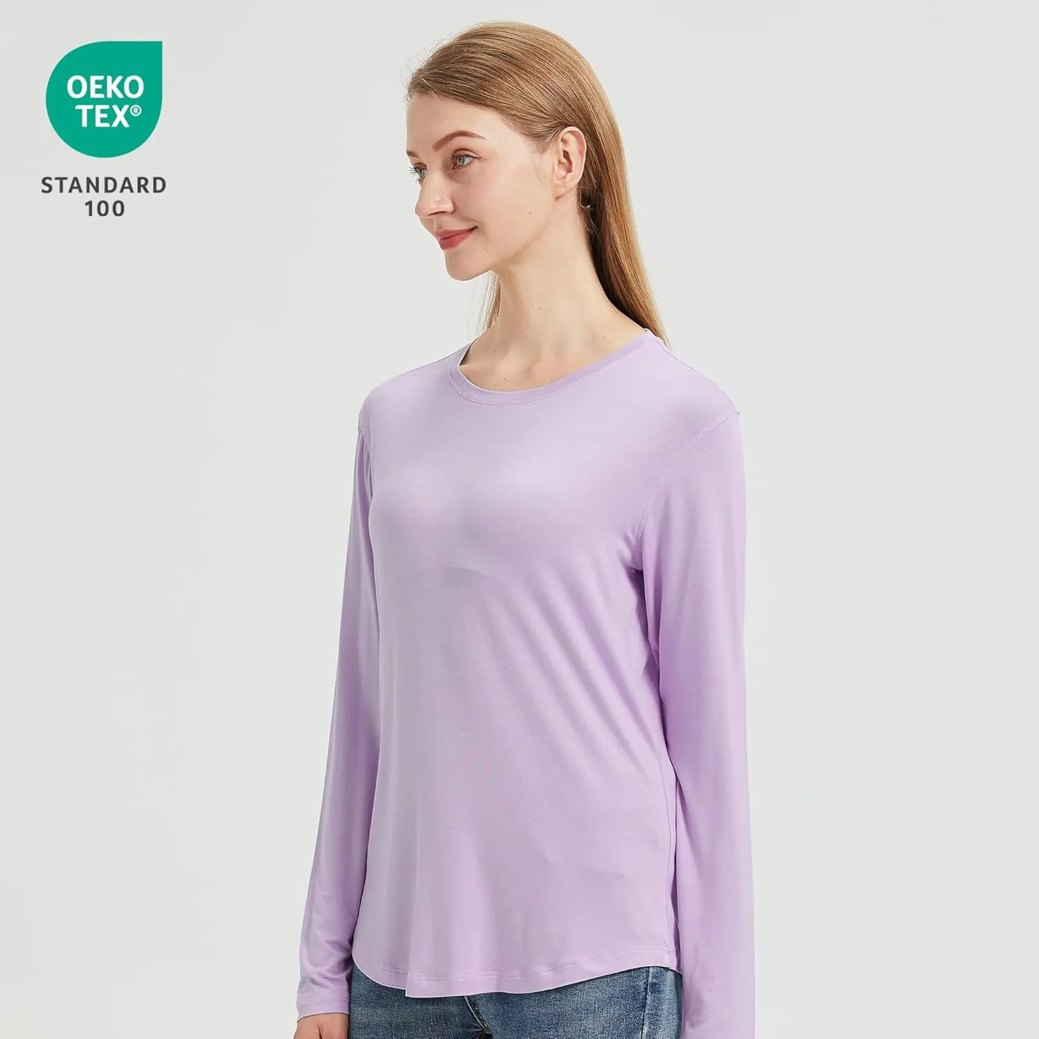netdraw Women's Lightweight Bamboo Viscose T-Shirt Buttery Soft Curved Hem Long Sleeve Sleep Lounge Pajama Tops