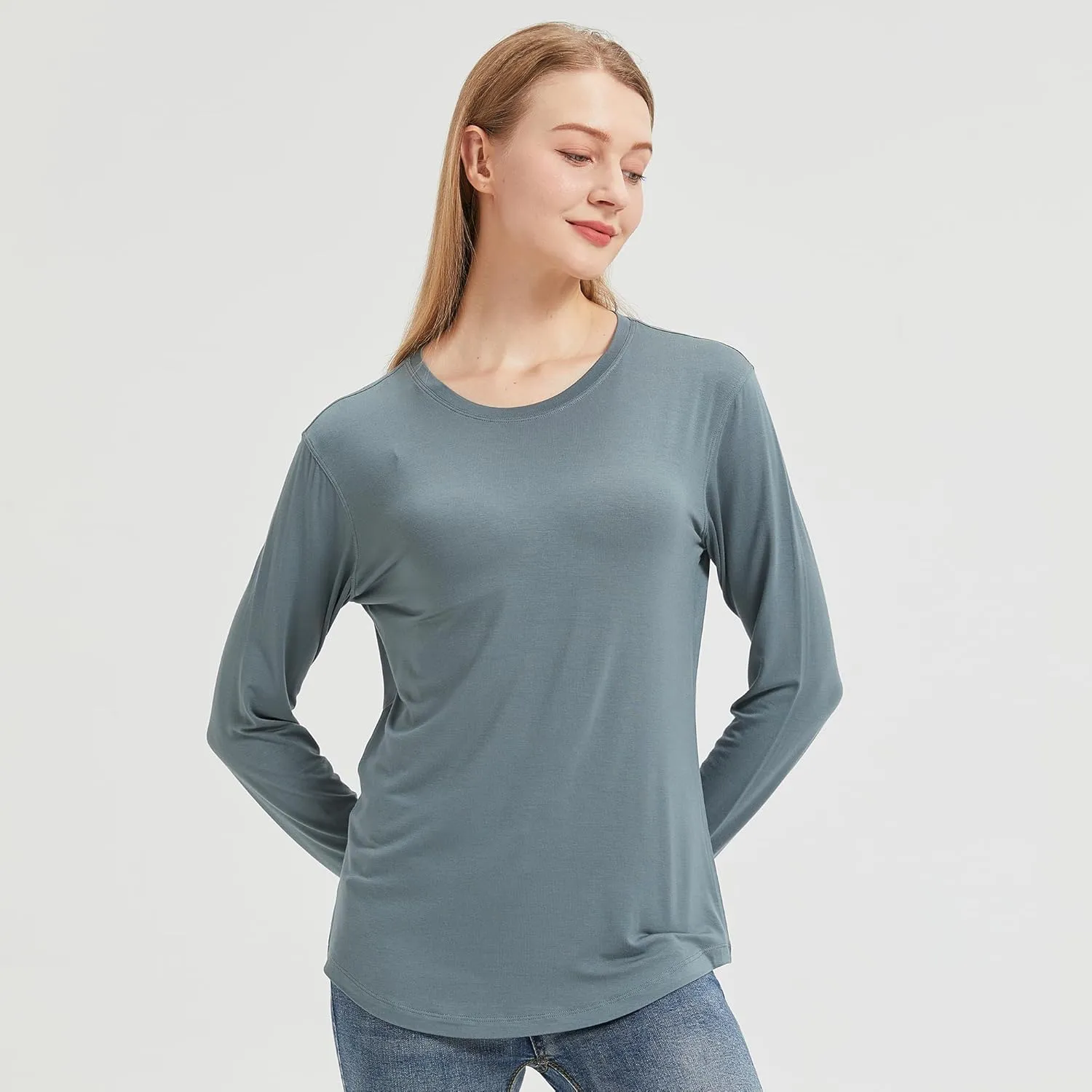 netdraw Women's Lightweight Bamboo Viscose T-Shirt Buttery Soft Curved Hem Long Sleeve Sleep Lounge Pajama Tops