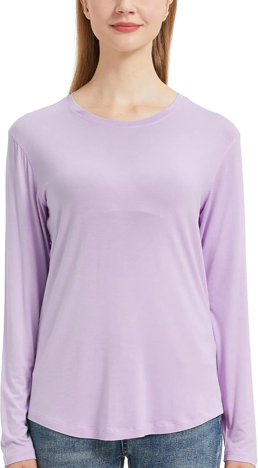 netdraw Women's Lightweight Bamboo Viscose T-Shirt Buttery Soft Curved Hem Long Sleeve Sleep Lounge Pajama Tops