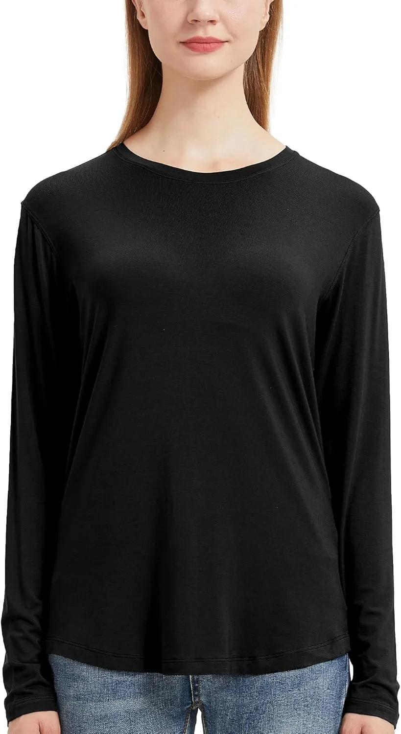 netdraw Women's Lightweight Bamboo Viscose T-Shirt Buttery Soft Curved Hem Long Sleeve Sleep Lounge Pajama Tops