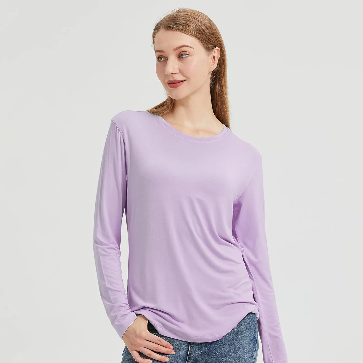 netdraw Women's Lightweight Bamboo Viscose T-Shirt Buttery Soft Curved Hem Long Sleeve Sleep Lounge Pajama Tops