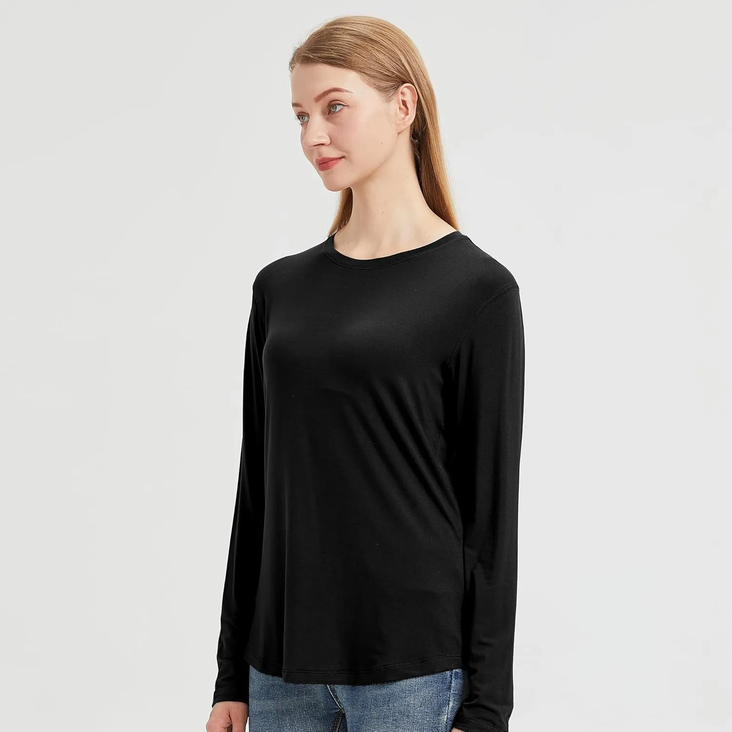 netdraw Women's Lightweight Bamboo Viscose T-Shirt Buttery Soft Curved Hem Long Sleeve Sleep Lounge Pajama Tops