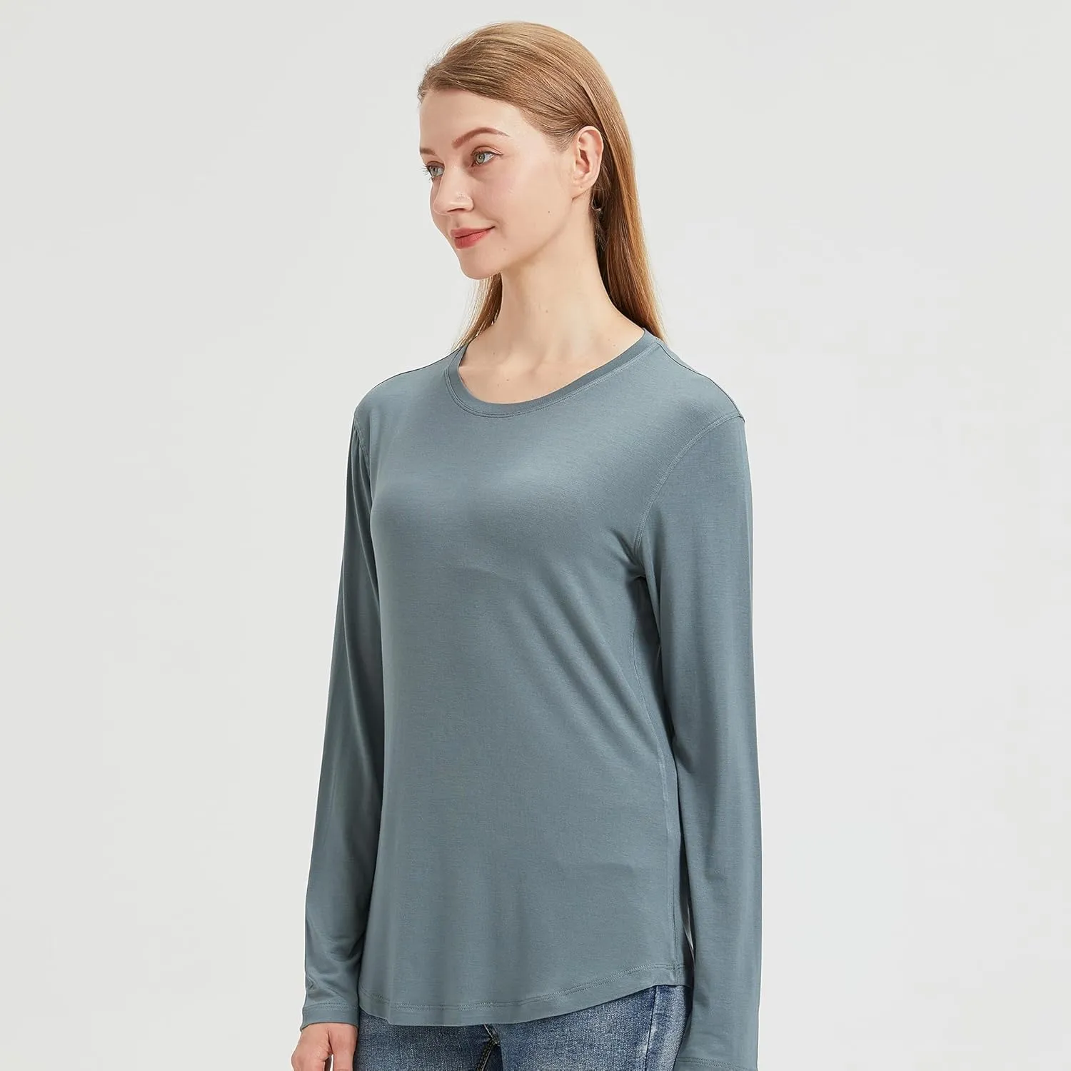 netdraw Women's Lightweight Bamboo Viscose T-Shirt Buttery Soft Curved Hem Long Sleeve Sleep Lounge Pajama Tops