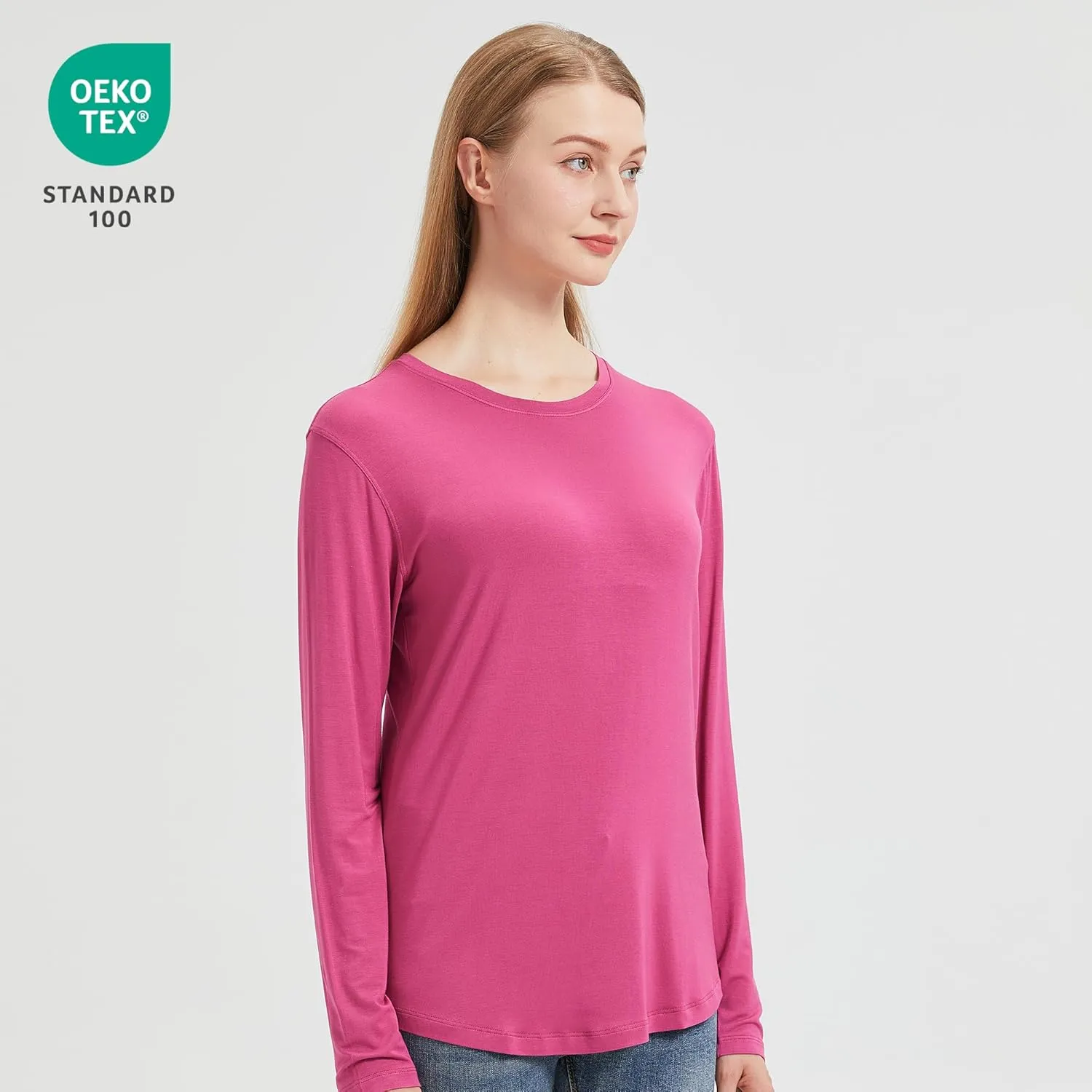 netdraw Women's Lightweight Bamboo Viscose T-Shirt Buttery Soft Curved Hem Long Sleeve Sleep Lounge Pajama Tops