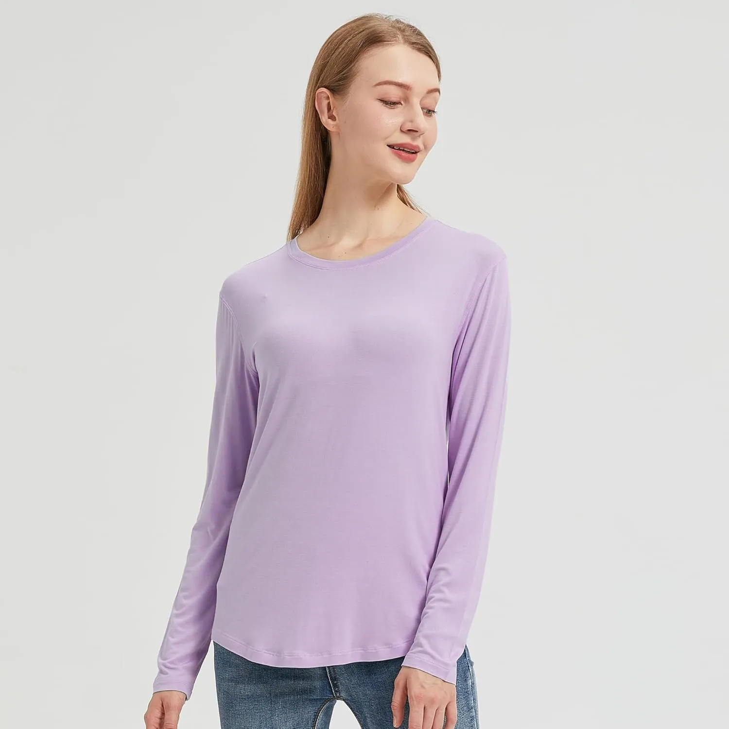 netdraw Women's Lightweight Bamboo Viscose T-Shirt Buttery Soft Curved Hem Long Sleeve Sleep Lounge Pajama Tops