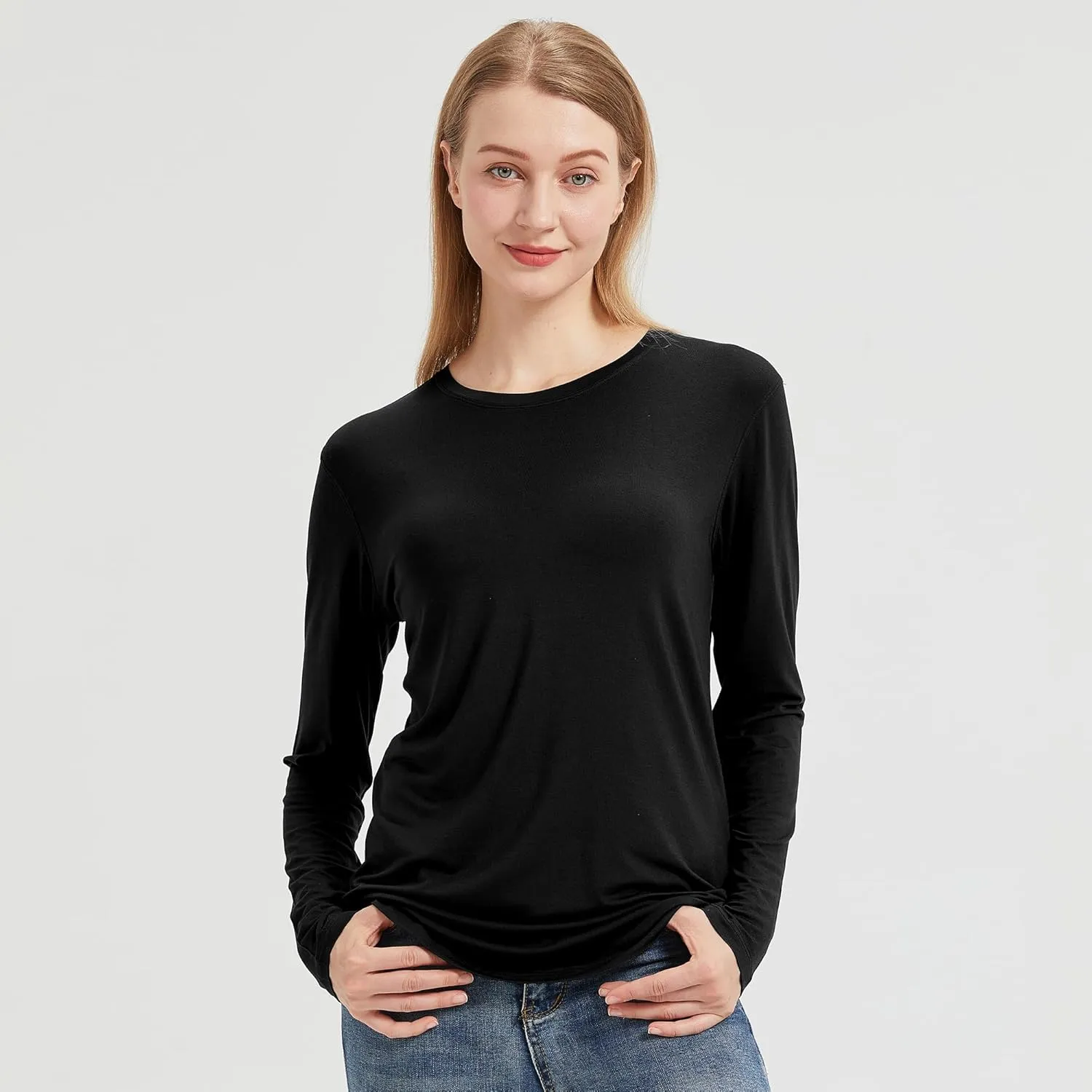 netdraw Women's Lightweight Bamboo Viscose T-Shirt Buttery Soft Curved Hem Long Sleeve Sleep Lounge Pajama Tops