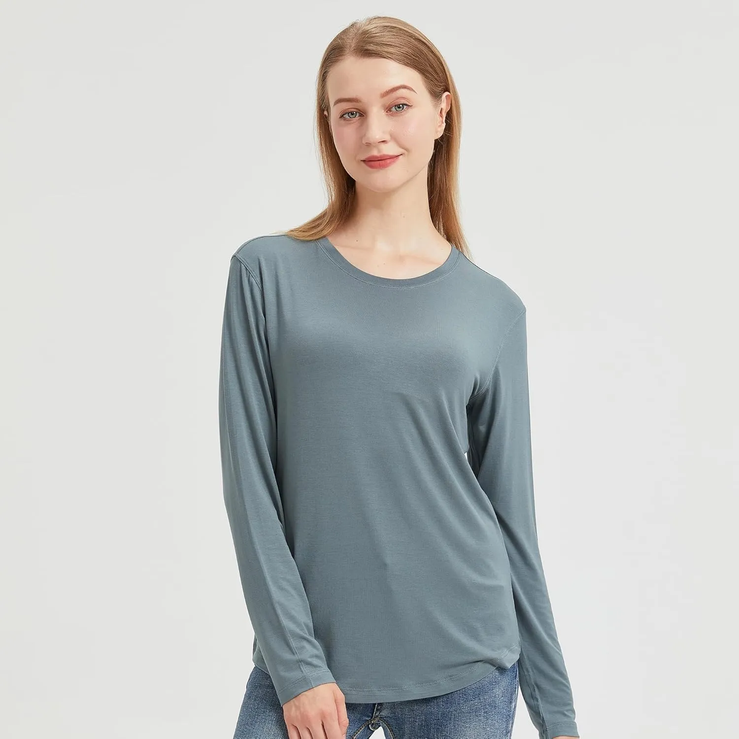 netdraw Women's Lightweight Bamboo Viscose T-Shirt Buttery Soft Curved Hem Long Sleeve Sleep Lounge Pajama Tops