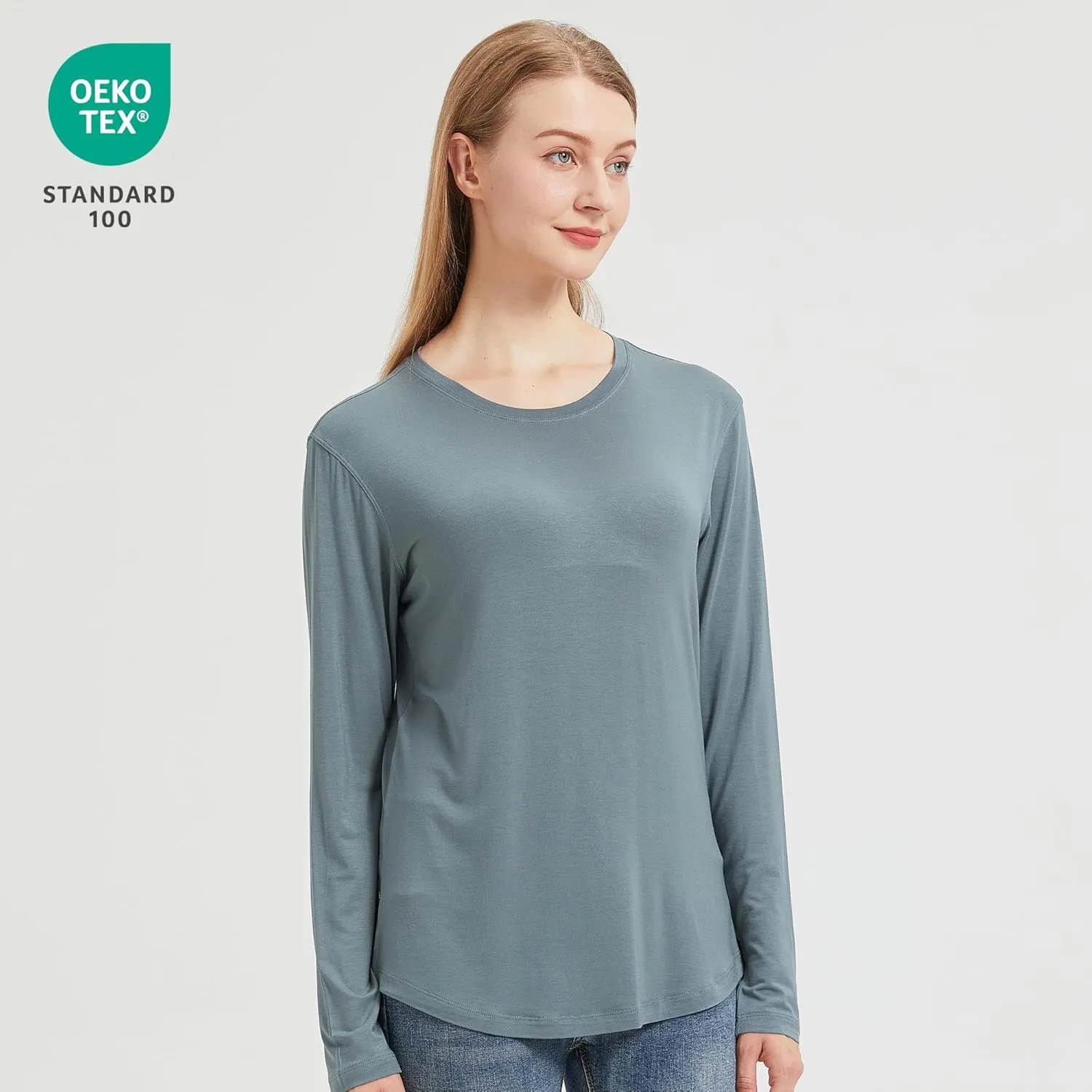 netdraw Women's Lightweight Bamboo Viscose T-Shirt Buttery Soft Curved Hem Long Sleeve Sleep Lounge Pajama Tops
