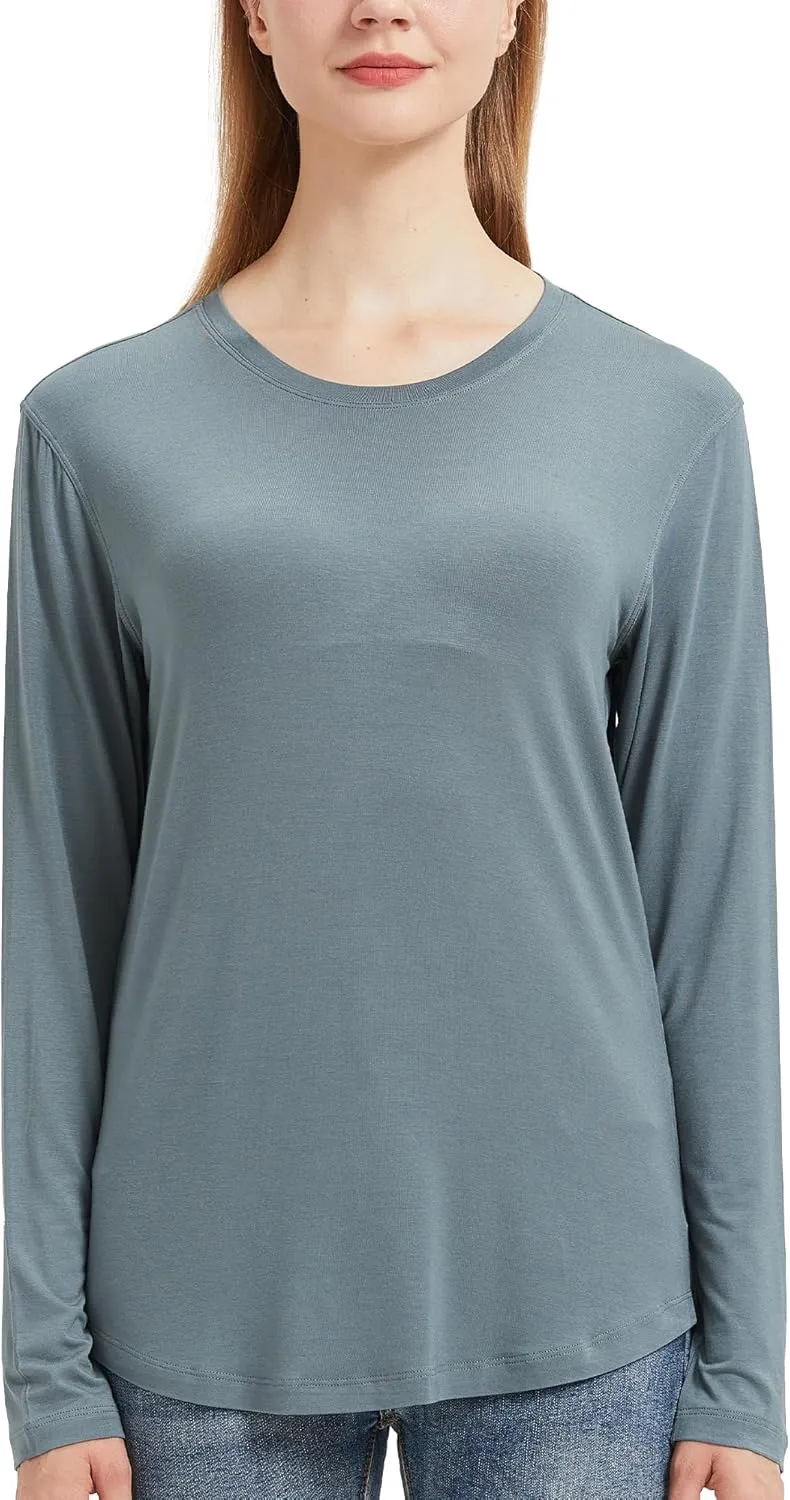 netdraw Women's Lightweight Bamboo Viscose T-Shirt Buttery Soft Curved Hem Long Sleeve Sleep Lounge Pajama Tops