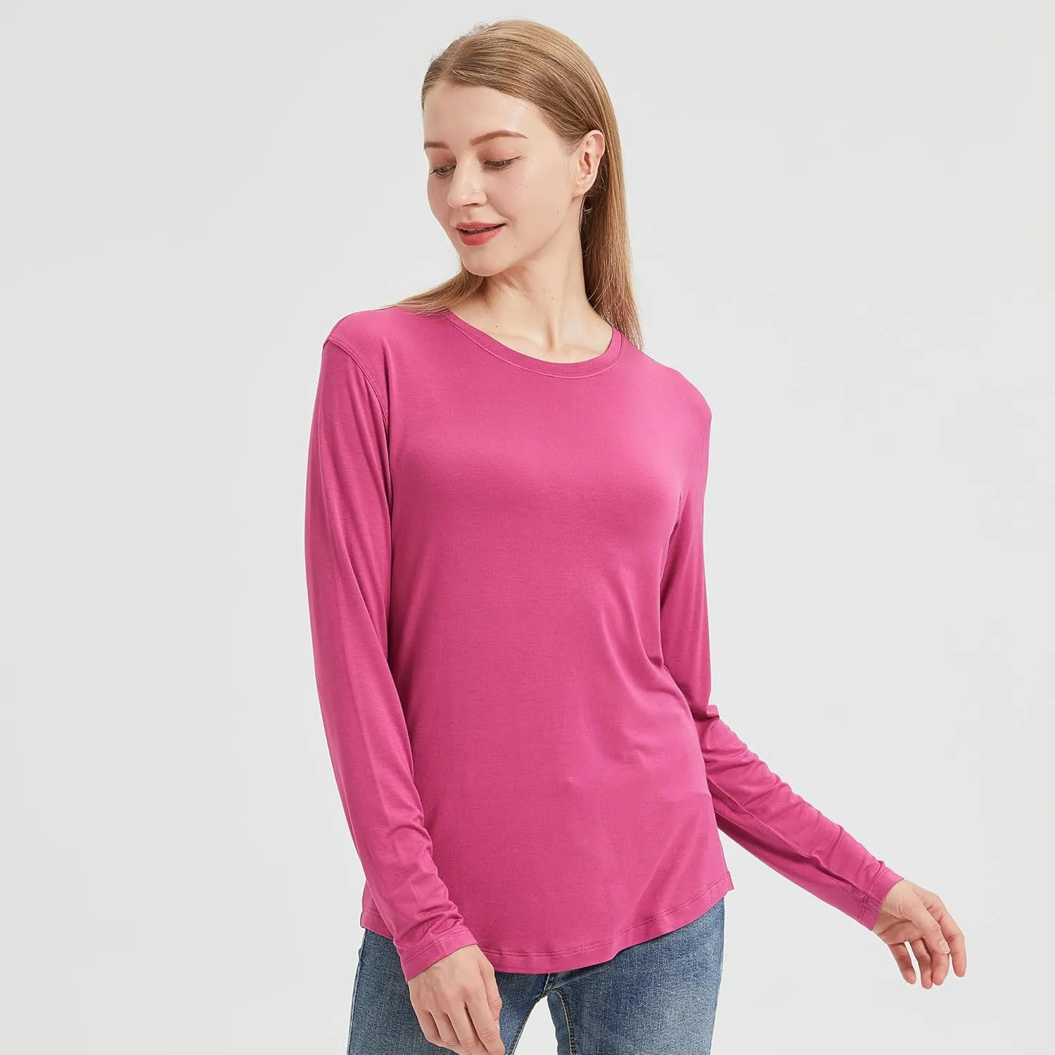 netdraw Women's Lightweight Bamboo Viscose T-Shirt Buttery Soft Curved Hem Long Sleeve Sleep Lounge Pajama Tops