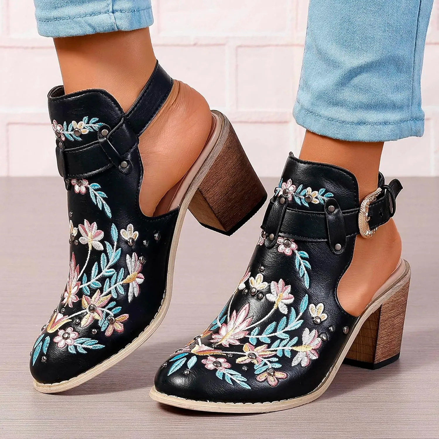 New Europe and The United States Foreign Trade Embroidery Retro High Heeled Shoes Thick with Boots for Women