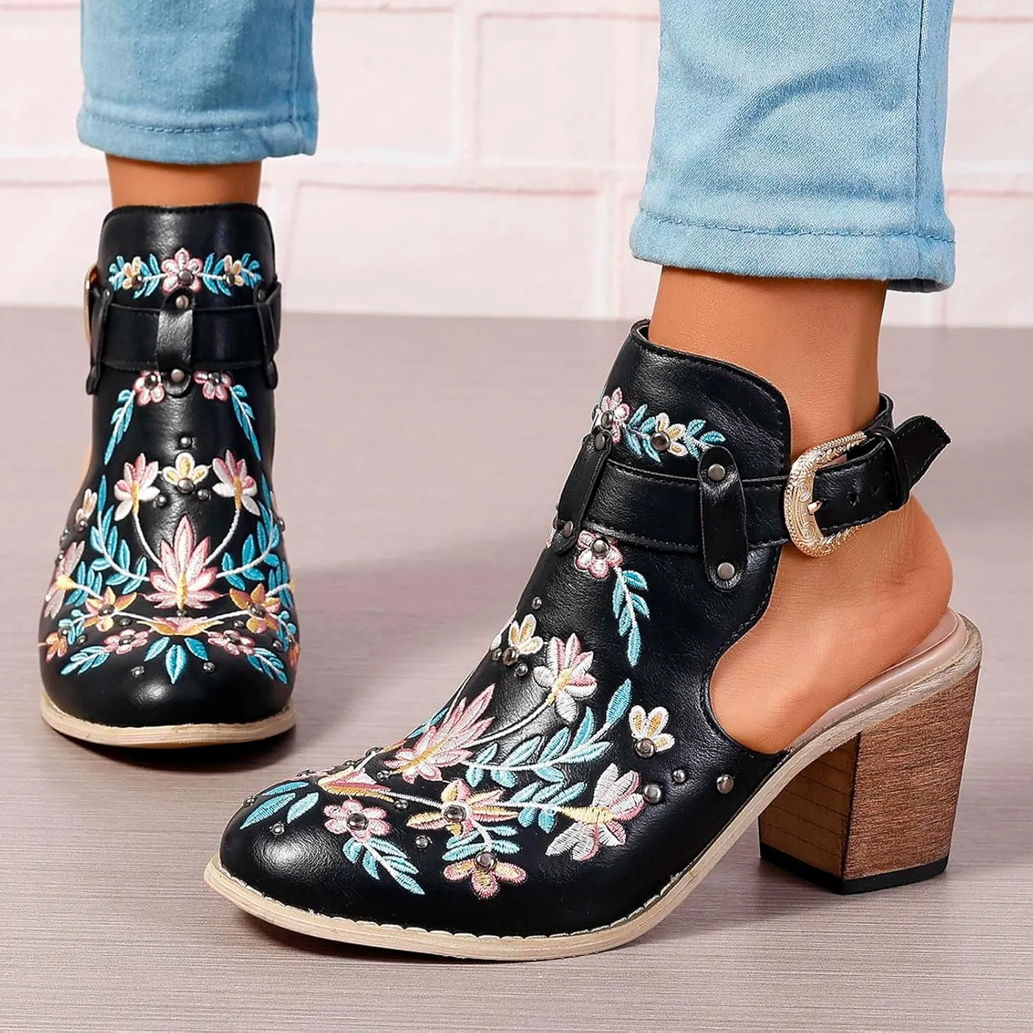 New Europe and The United States Foreign Trade Embroidery Retro High Heeled Shoes Thick with Boots for Women