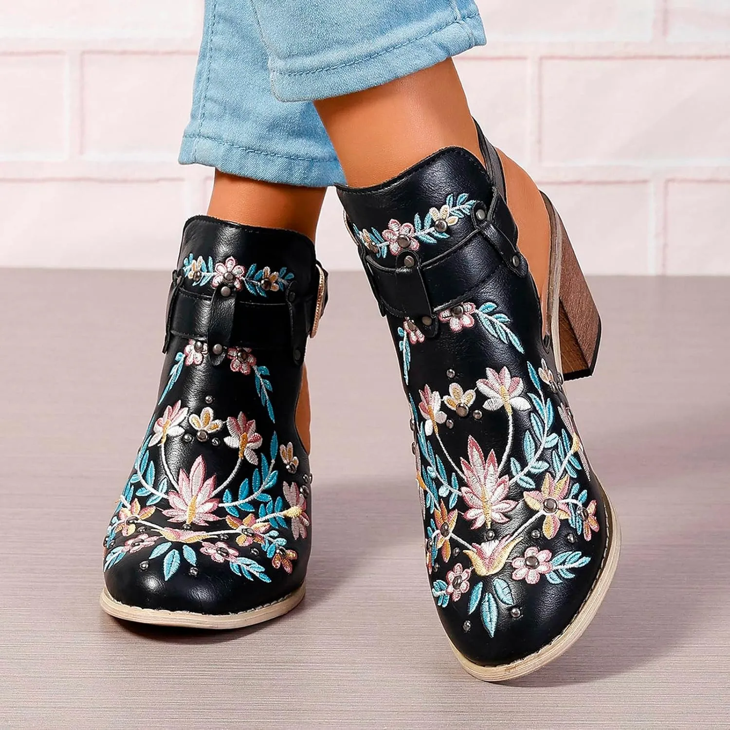 New Europe and The United States Foreign Trade Embroidery Retro High Heeled Shoes Thick with Boots for Women