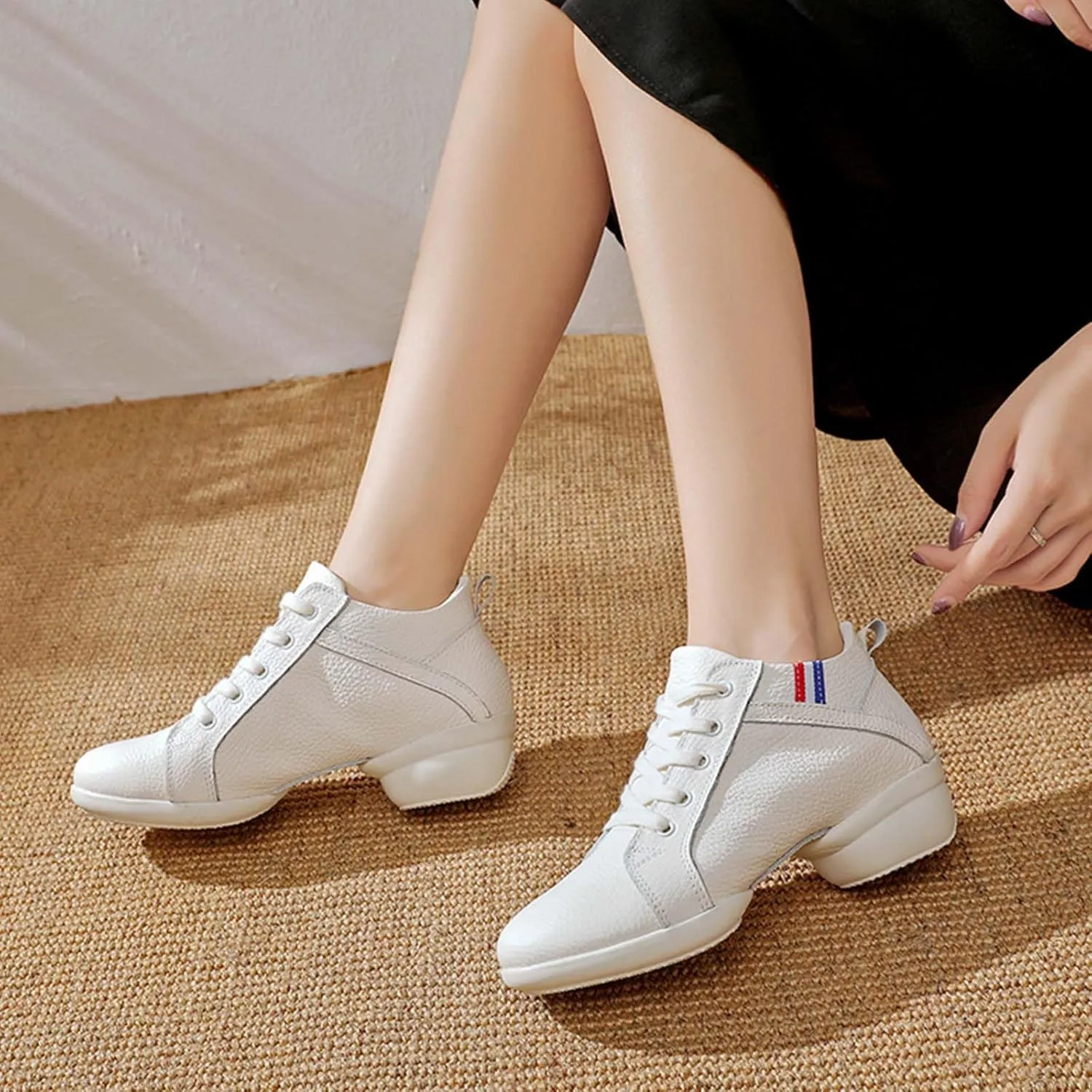ONAIC Jazz Shoes for Women's Leather Dance Lace-Up Sneakers Cushion Platform Walking Dance Shoes