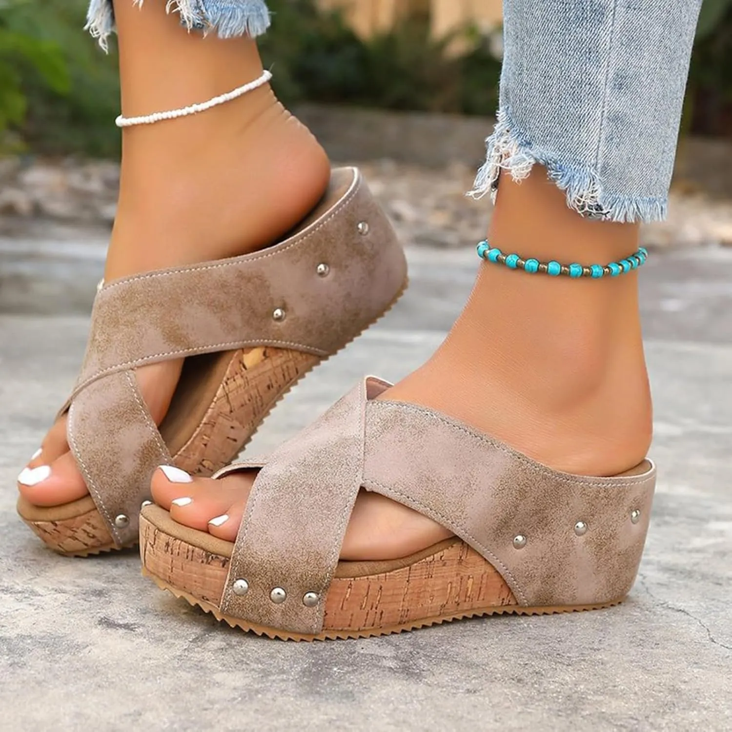 Orthopedic Wedge Sandals for Women Comfortable Open Toe Cork Casual & Dressy Summer Shoes Slip On Slides Slippers Espadrilles Summer Beach Ladies Wedges