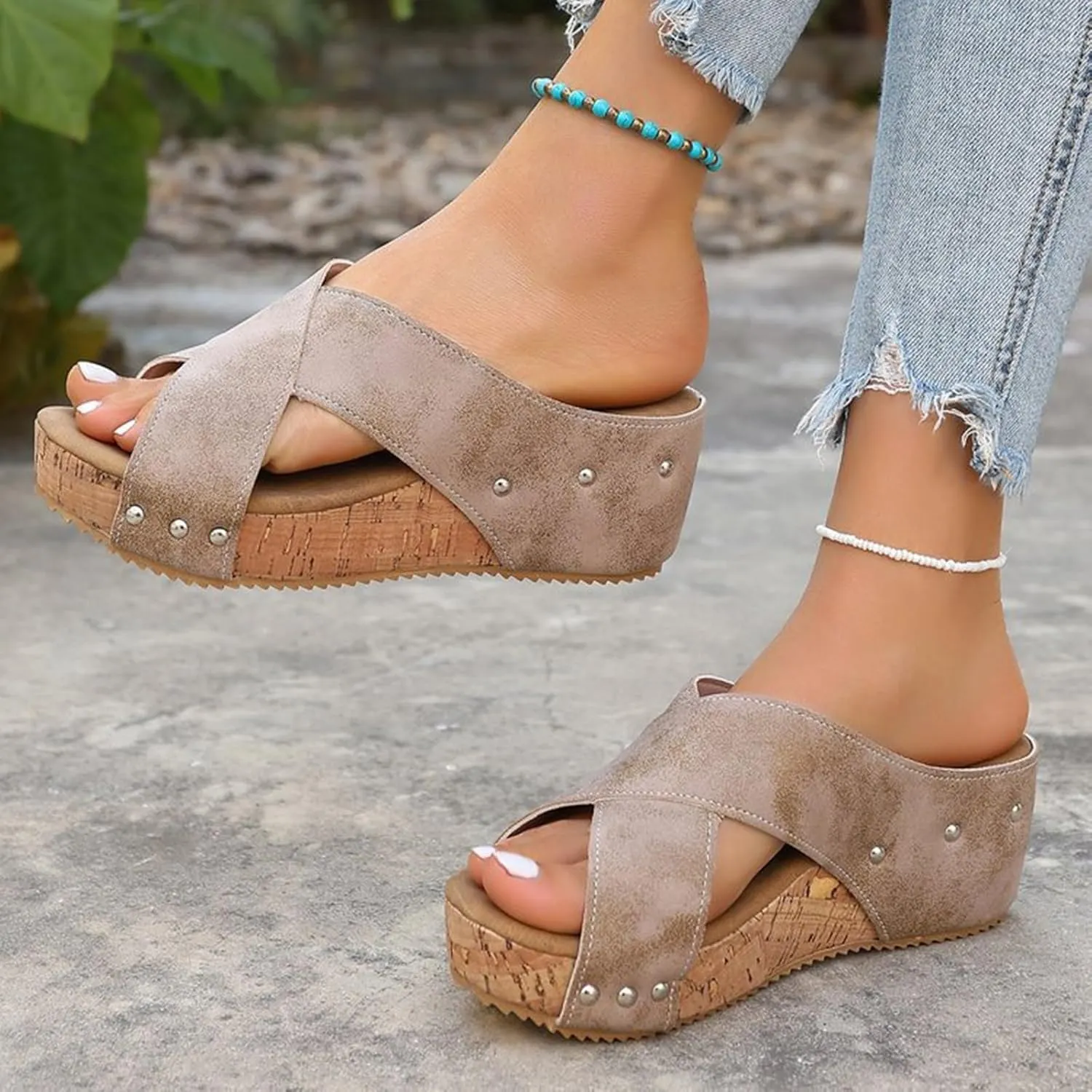 Orthopedic Wedge Sandals for Women Comfortable Open Toe Cork Casual & Dressy Summer Shoes Slip On Slides Slippers Espadrilles Summer Beach Ladies Wedges