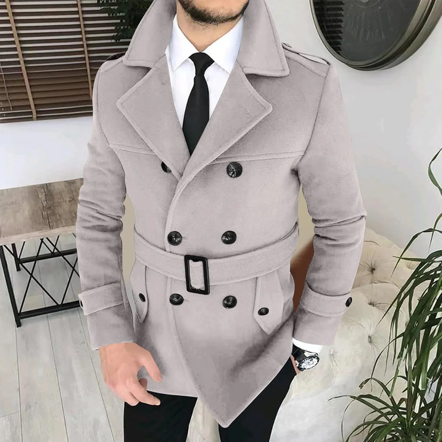 Peacoat Men's Trench Coats Slim Fit Notched Collar Wool Blend Double Breasted Pea Coat Outerwear Warm Winter Coats