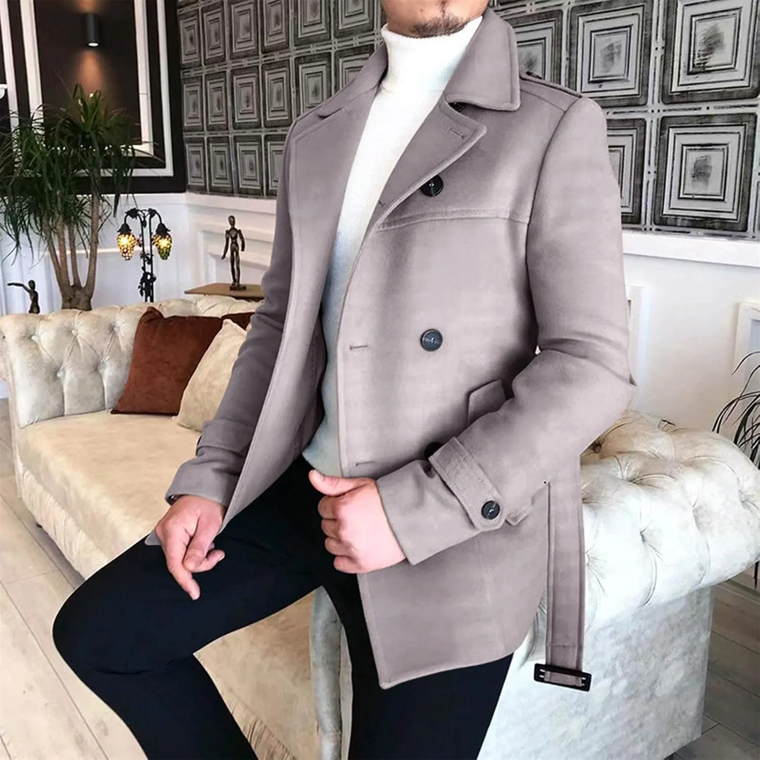Peacoat Men's Trench Coats Slim Fit Notched Collar Wool Blend Double Breasted Pea Coat Outerwear Warm Winter Coats