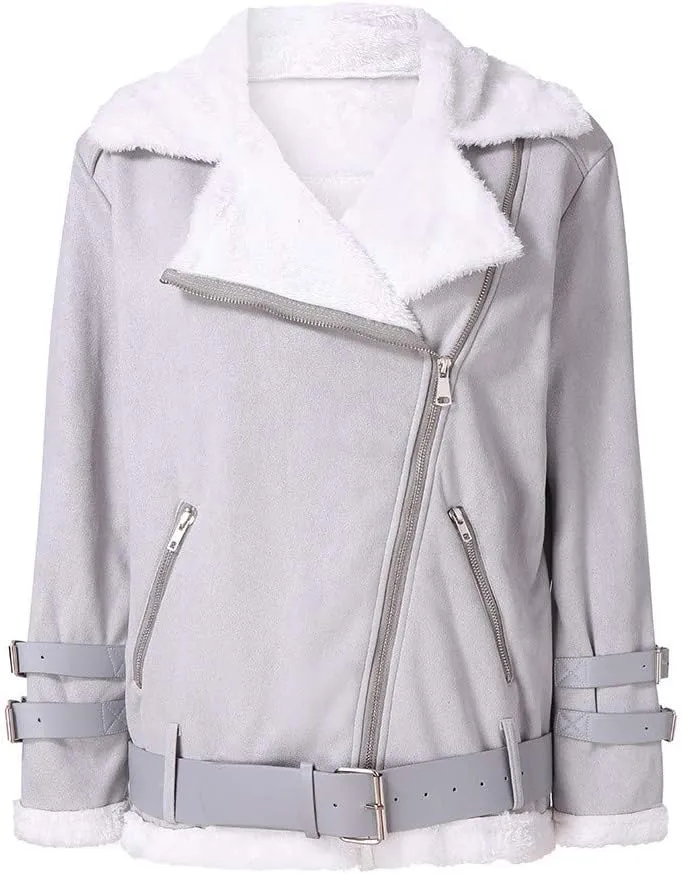 PeQAQ Women's Winter Coats Plus Size Fleece Warm Jackets Trendy Cropped Fuzzy Soft Outerwear Stylish Motor Biker Windbreaker